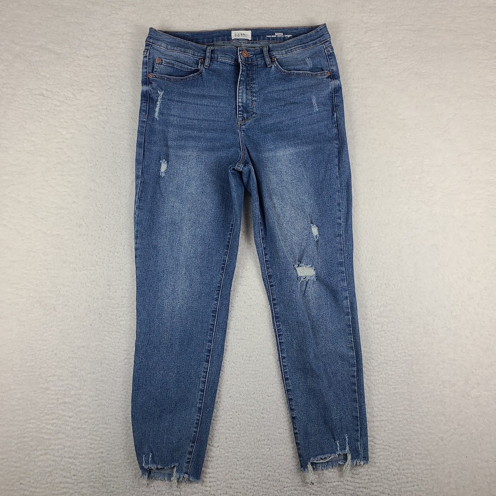 Nicole Miller Jeans Womens 12 Blue‎ SOHO High Rise Ankle Skinny Distress Fray
